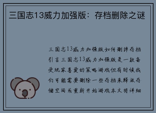 三国志13威力加强版：存档删除之谜